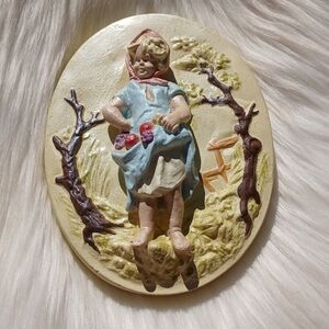 Vintage Girl Picking Fruit Grapes Apples Chalkware Wall Hanging Plaque Retro Mcm